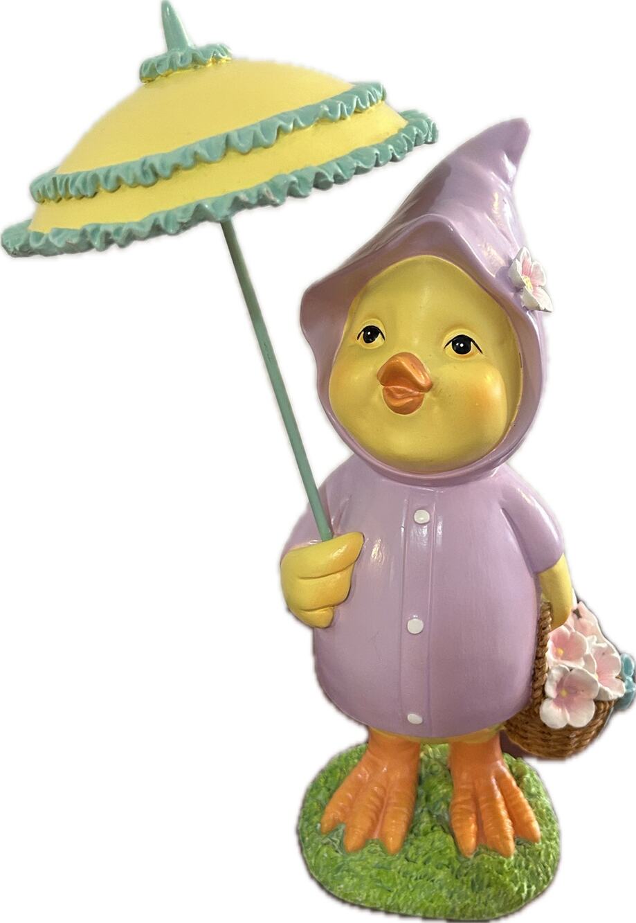 Spring Easter Chick in Purple Raincoat and Yellow Umbrella